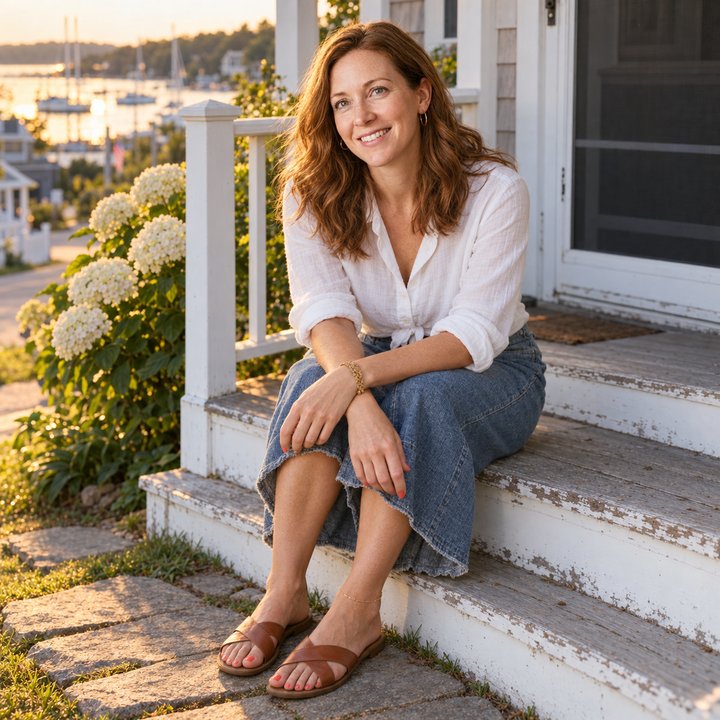 Sloane Marsh on the porch steps of a white cottage above a harbor at sunset